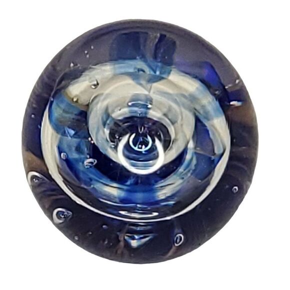 Dynasty Gallery Art Glass Paper Weight Cobalt Blue Copper Clear Bubble Ring 2.5" - Picture 3 of 7